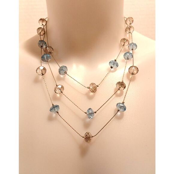 Elegant Silver-Tone Metal Layered Necklace with Chain Smoky and Blue Crystals - Picture 1 of 10
